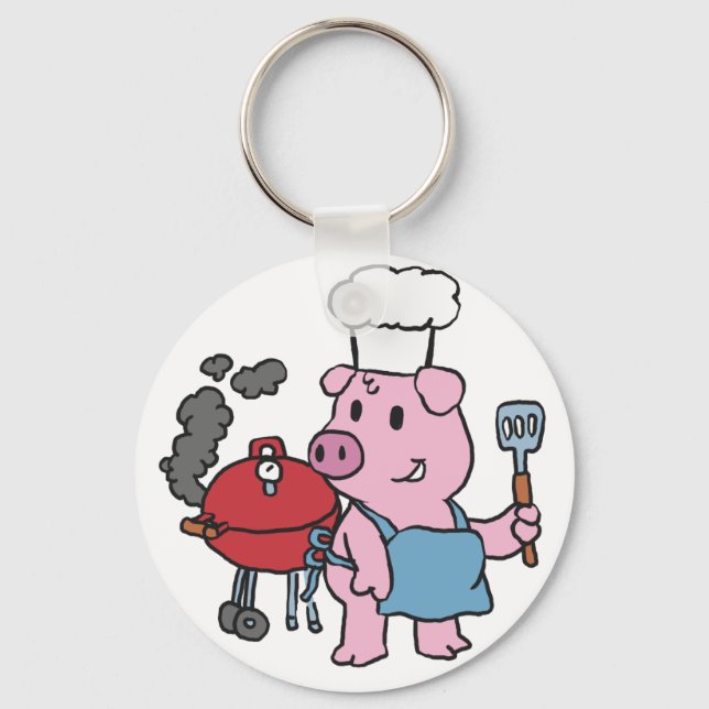 Cartoon pig making bbq | choose background colour keychain (Front)