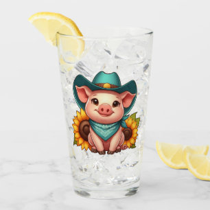 Cartoon Pig Wearing Cowboy Hat and Bandana Glass