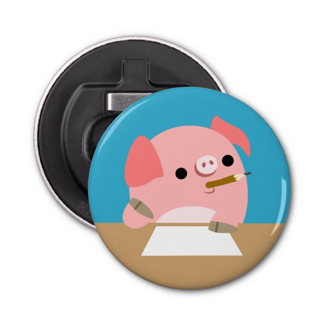 Cartoon Pig "Writer's Block" Button Bottle Opener (Front)