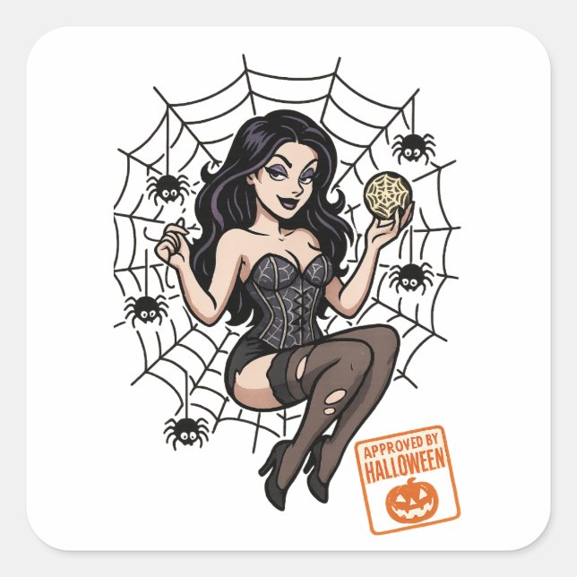 Cartoon Pin-Up Spider – Halloween Approved Square Sticker (Front)