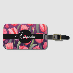 Cartoon Pink and Purple Monogramed Tulip Pattern Luggage Tag