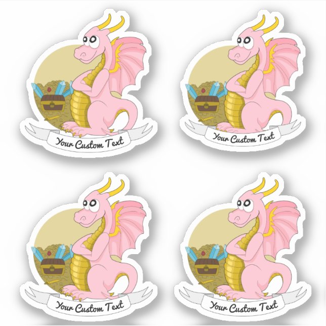 Cartoon pink dragon with treasure and text sticker (Front)