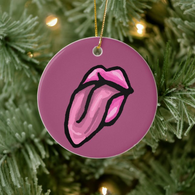 Cartoon Pink Lips & Tounge Ceramic Ornament (Tree)