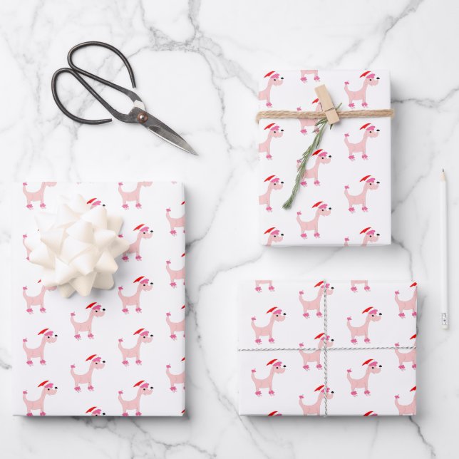 Cartoon pink poodle Posh Paws Christmas Wrapping Paper Sheet (Front)