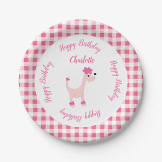 Cartoon pink poodle Posh Paws gingham birthday Paper Plate