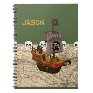 Cartoon Pirate Ship Customize Name Notebook