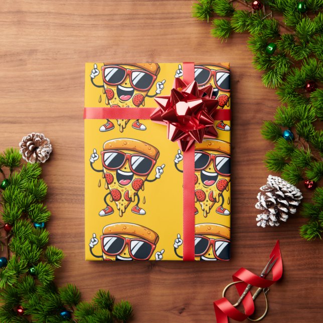 Cartoon Pizza Slice with Drip Cheese Vibes Wrapping Paper (Holiday Gift)