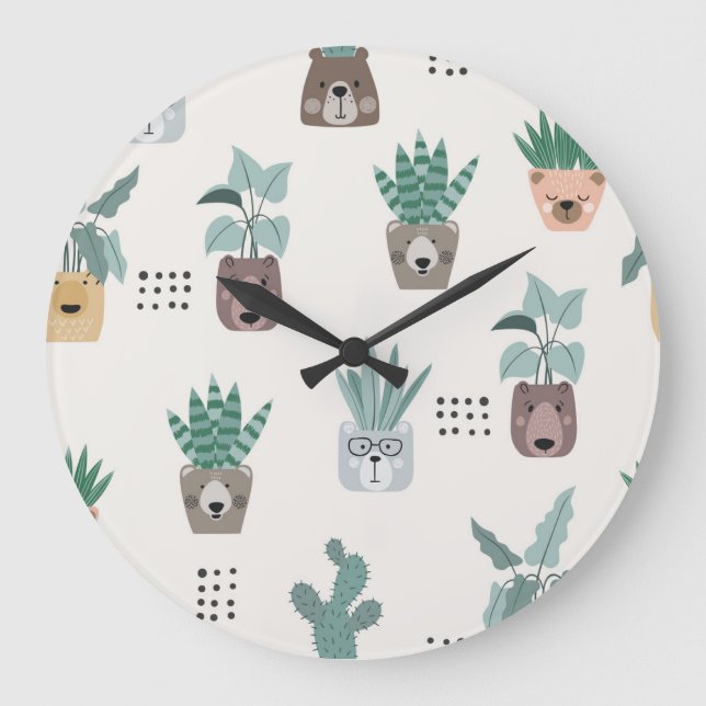 Cartoon Plants: Bear Face Seamless Large Clock (Front)