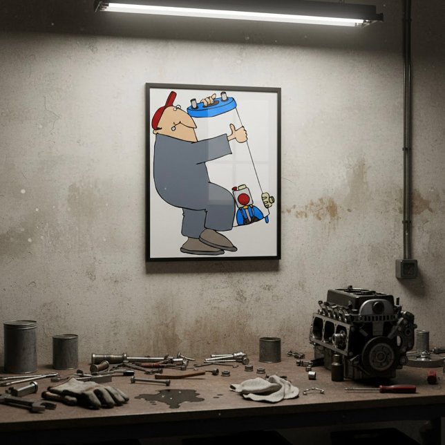 Cartoon Plumber Carrying Hot Water System Tank Poster (Creator Uploaded)