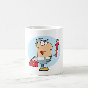 Cartoon Plumber Holding Pipe Wrench and Toolbox Coffee Mug