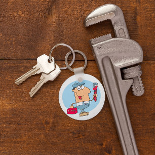 Cartoon Plumber Holding Pipe Wrench and Toolbox Keychain