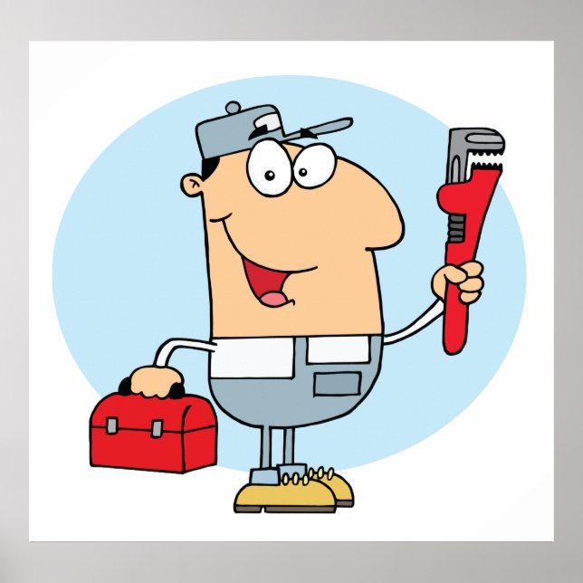 Cartoon Plumber Holding Pipe Wrench and Toolbox Poster (Front)