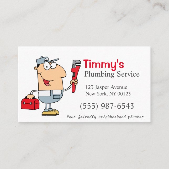 Cartoon Plumber Man Plumbing Service Business Card (Front)