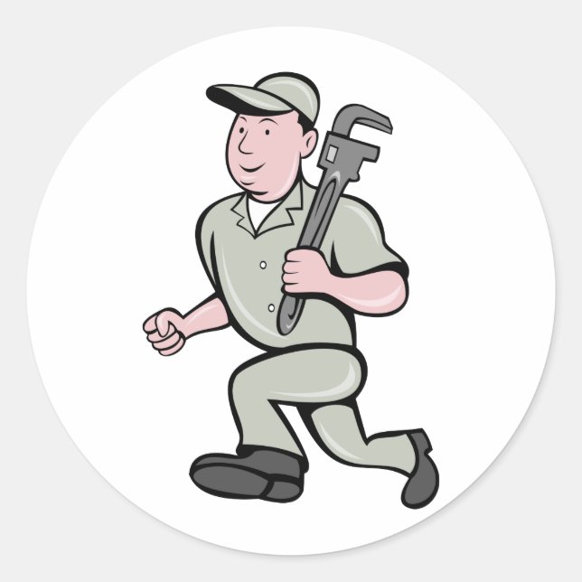 Cartoon Plumber with monkey wrench running Classic Round Sticker (Front)