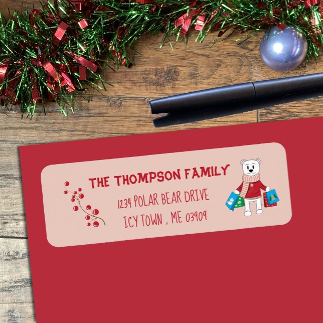 Cartoon Polar Ours Rose Holiday Adresse de retour (Cute polar bear with shopping bags rose pink Holiday return address labels .)