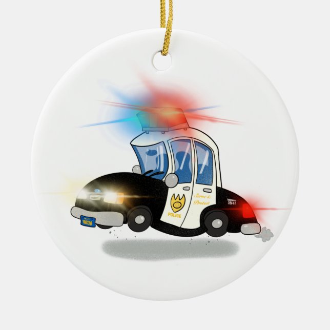 Cartoon Police Car and Fire Truck Ceramic Ornament (Front)