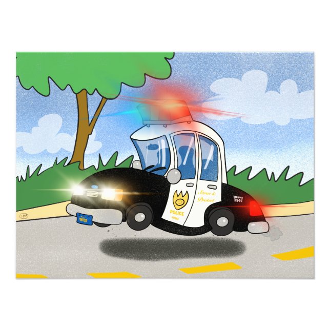 Cartoon Police Car with Flashing Lights Photo Print (Front)