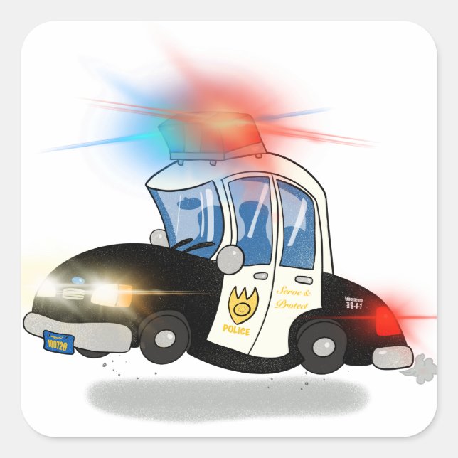 Cartoon Police Car with Flashing Lights Square Sticker (Front)