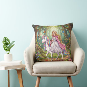 Cartoon Princess Riding on the Unicorn Throw Pillow