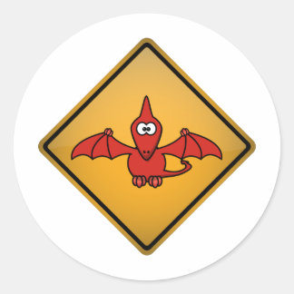 Cartoon Pterodactyl Warning Sign Classic Round Sticker