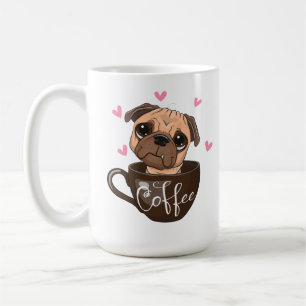 Cartoon pug dog is sitting in a cup coffee