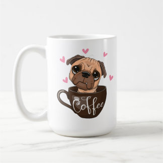 Cartoon pug dog is sitting in a cup coffee
