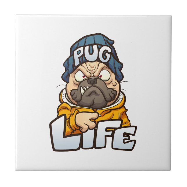 cartoon pug dog with angry face wearing a beanie a tile (Front)