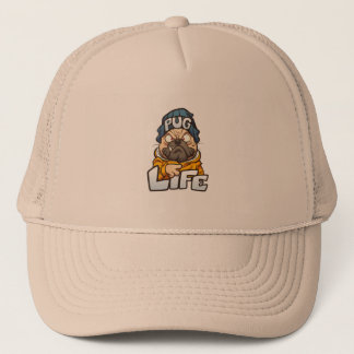 cartoon pug dog with angry face wearing a beanie a trucker hat