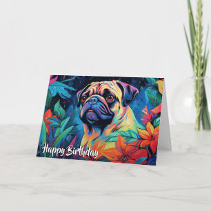 Cartoon Pug in a Garden Custom Card