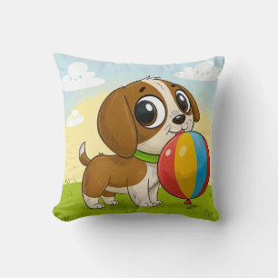 Cartoon Puppy Holding a Colourful Ball Cute Playfu Throw Pillow