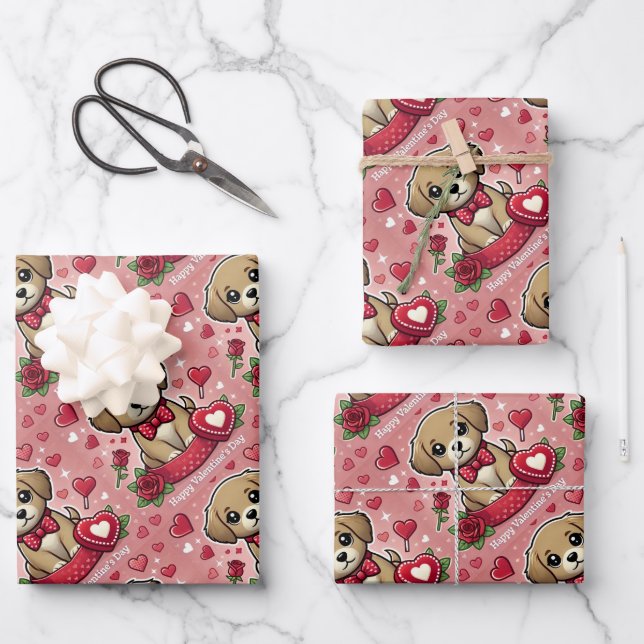 Cartoon Puppy with Valentine's Day Hearts Wrapping Paper Sheet (Front)