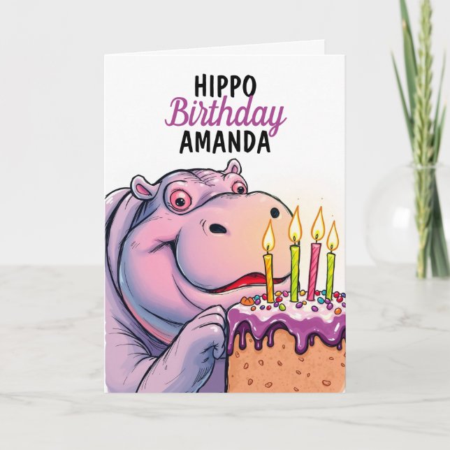 Cartoon Purple Cake Funny Hippo Birthday Card (Front)