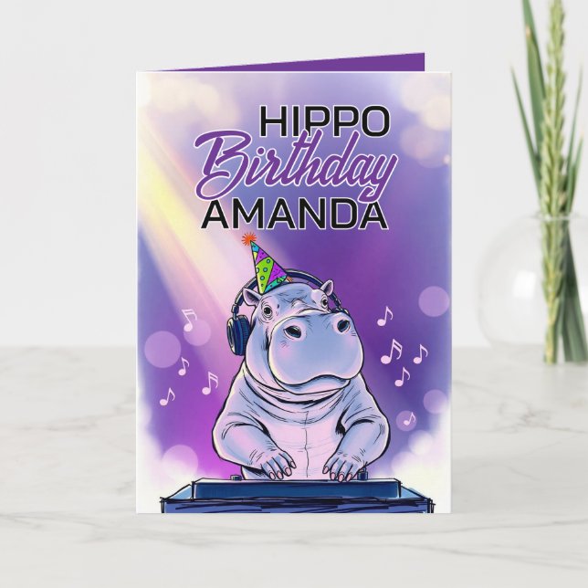 Cartoon Purple Dj Hippo Birthday Card (Front)