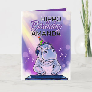 Cartoon Purple Dj Hippo Birthday Card