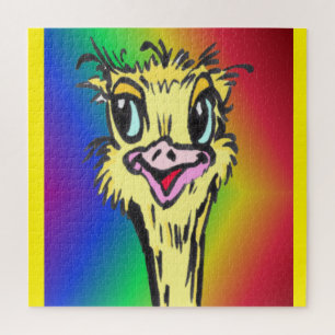 Cartoon Puzzle: Cute Ostrich Rainbow Jigsaw Puzzle