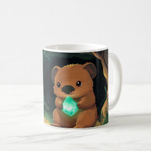 cartoon quokka holding a glowing green crystal in coffee mug
