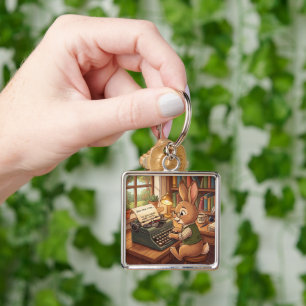 Cartoon Rabbit Typing in a Retro Typewriter Keychain