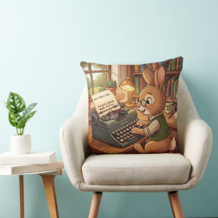 Cartoon Rabbit Typing in a Retro Typewriter Throw Pillow