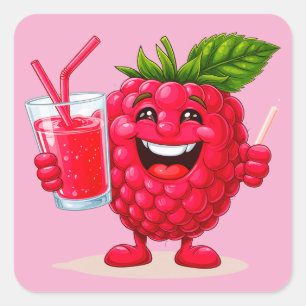 Cartoon Raspberry Character With a Smoothie Square Sticker