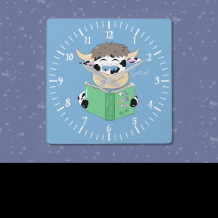 Cartoon Reading Cow Boy Blue Square Wall Clock