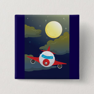 Cartoon Red Airplane Flying In Night Sky 2 Inch Square Button