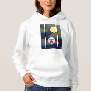 Cartoon Red Airplane Flying In Night Sky Hoodie