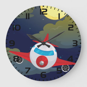 Cartoon Red Airplane Flying In Night Sky Large Clock