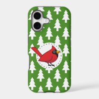 Cartoon Red Cardinal on Green White Pines Pattern
