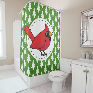 Cartoon Red Cardinal on Green White Pines Pattern