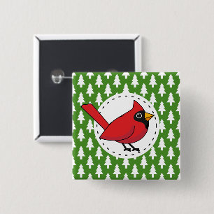 Cartoon Red Cardinal on Green White Pines Pattern 2 Inch Square Button