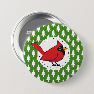 Cartoon Red Cardinal on Green White Pines Pattern 3 Inch Round Button