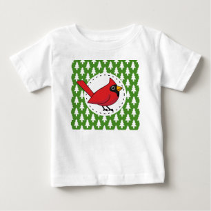 Cartoon Red Cardinal on Green White Pines Pattern Baby T-Shirt
