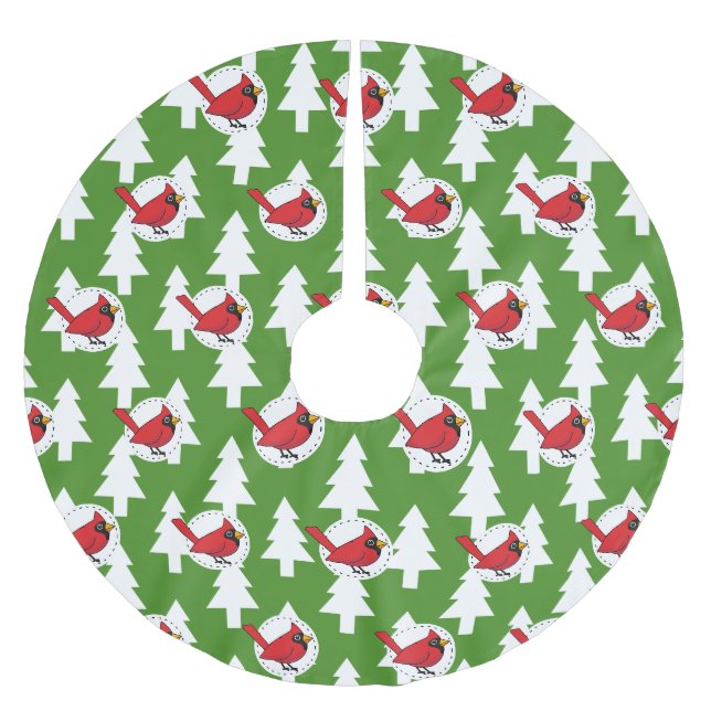 Cartoon Red Cardinal on Green White Pines Pattern Brushed Polyester Tree Skirt (Front)