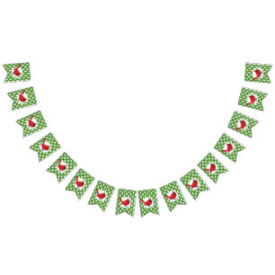 Cartoon Red Cardinal on Green White Pines Pattern Bunting Flags